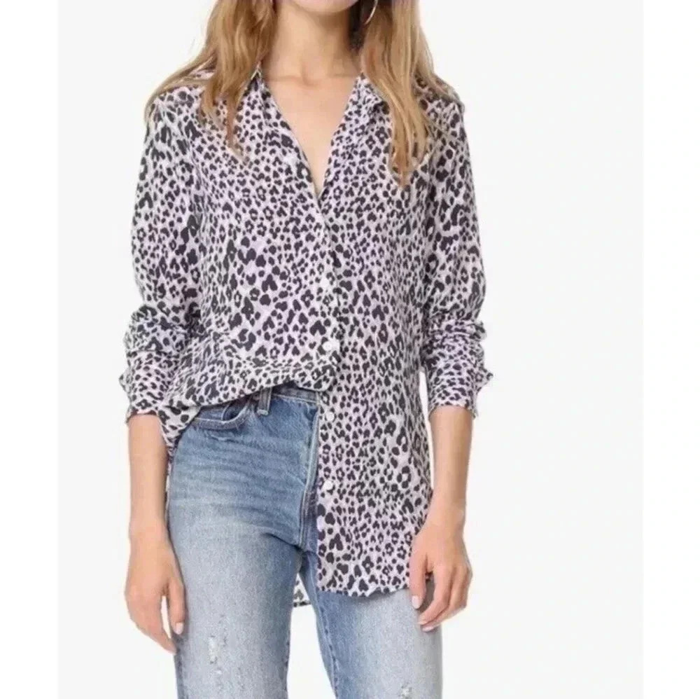 Equipment Essential Long Sleeve Animal Leopard Print Silk Button Down Blouse(M)